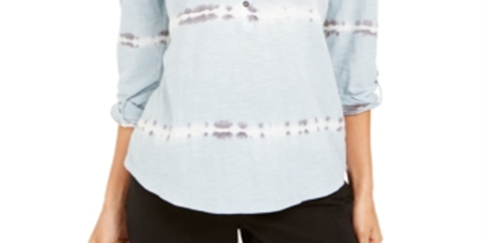 Style & Co Women's Cotton Tie Dyed Henley Top Blue Size Petite S
