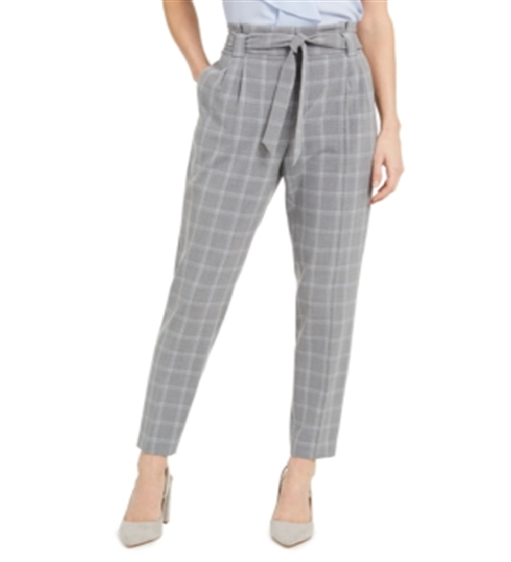 Calvin Klein Women's Slim Fit Belted Windowpane Pants Gray Size 12