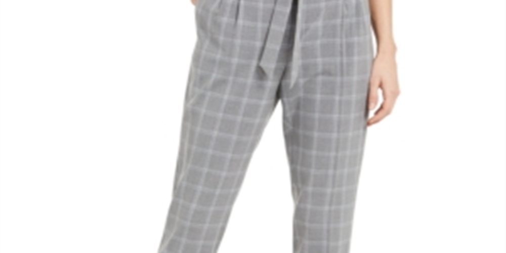 Calvin Klein Women's Slim Fit Belted Windowpane Pants Gray Size 12