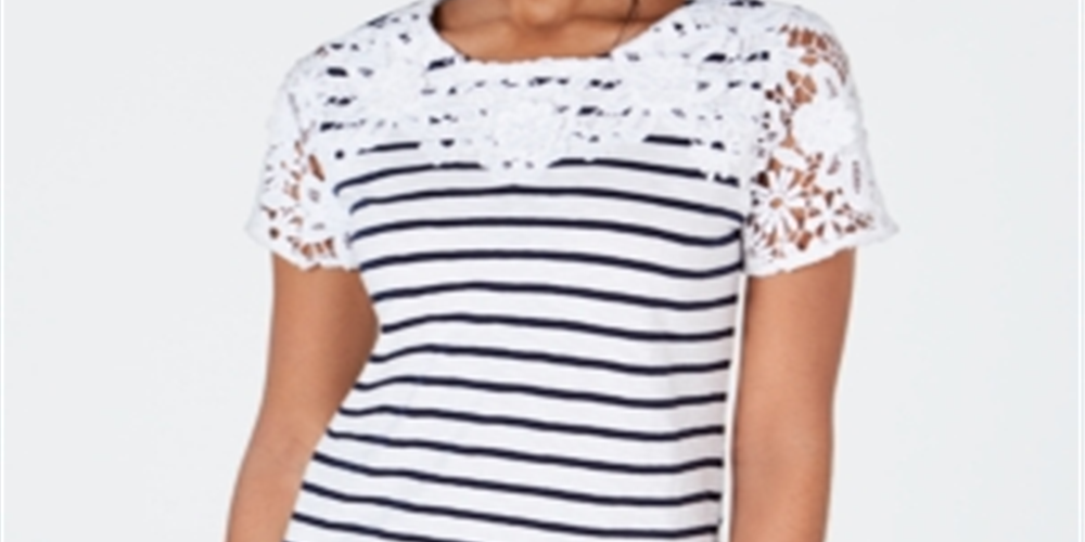 Charter Club Women's Cotton Crochet Striped Top White Size Medium