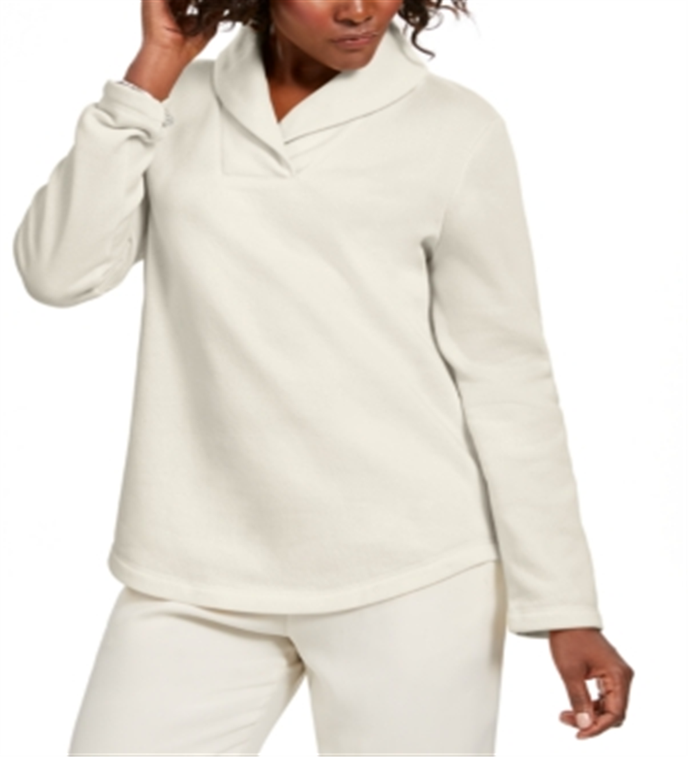 Karen Scott Women's Sport Shawl Collar Fleece Pullover White Size Large