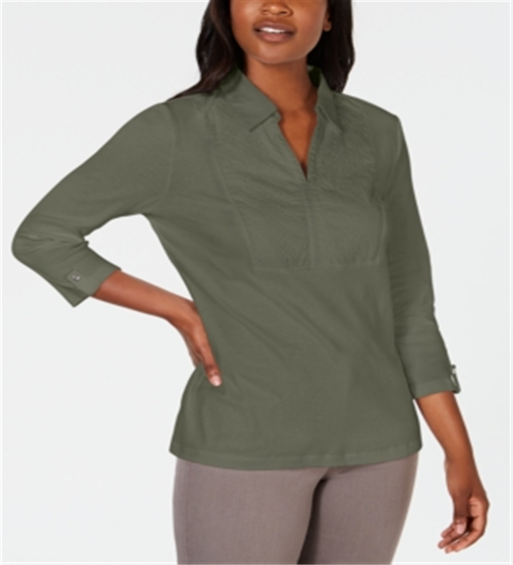 Karen Scott Women's Cotton Eyelet Yoke Top Green Size Small