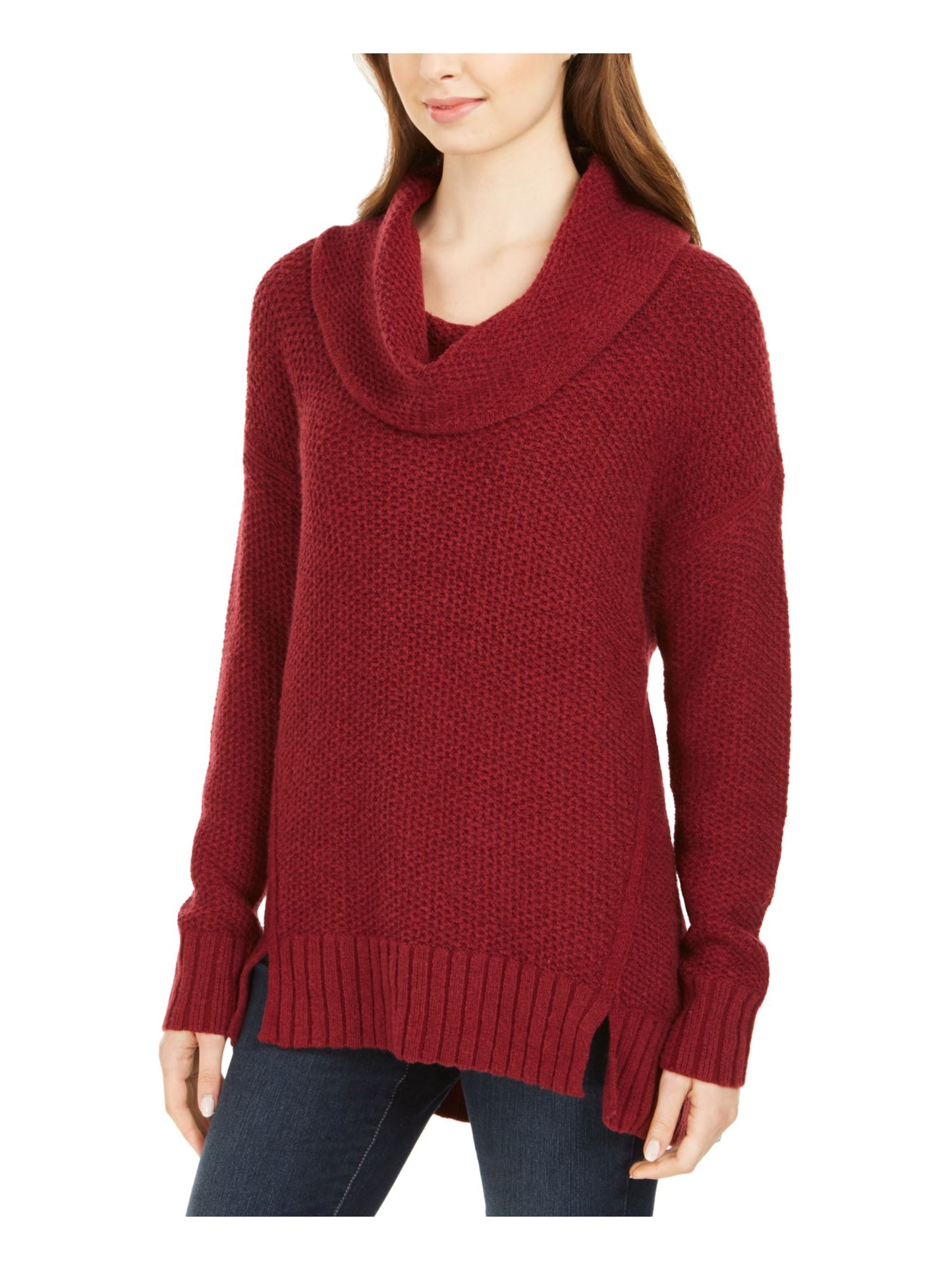 Style & Co Women's Textured Long Sleeve Cowl Neck Sweater Maroon Size PP