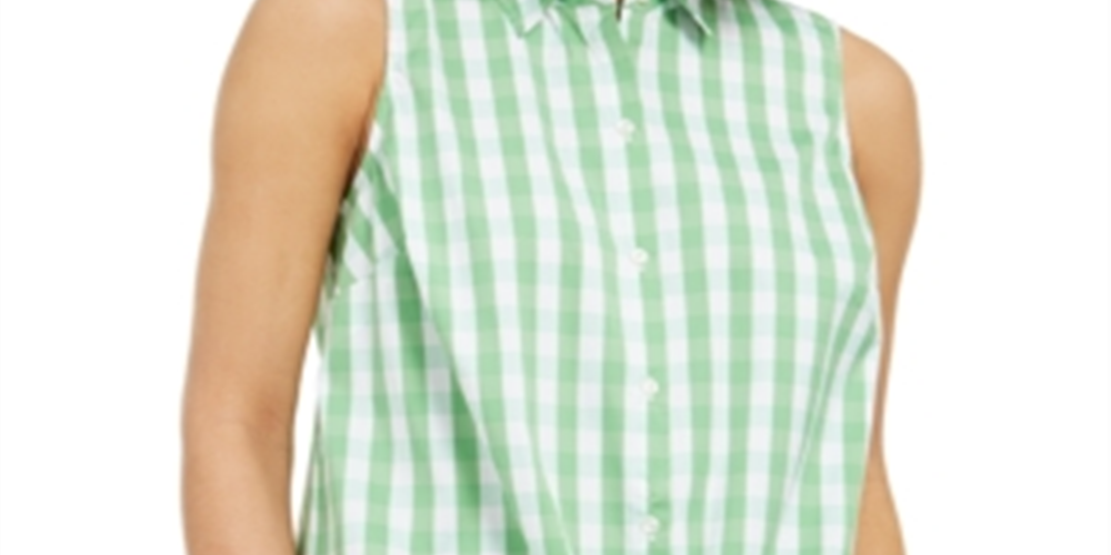 Charter Club Women's Gingham Print Tie Hem Shirt Green Size 10