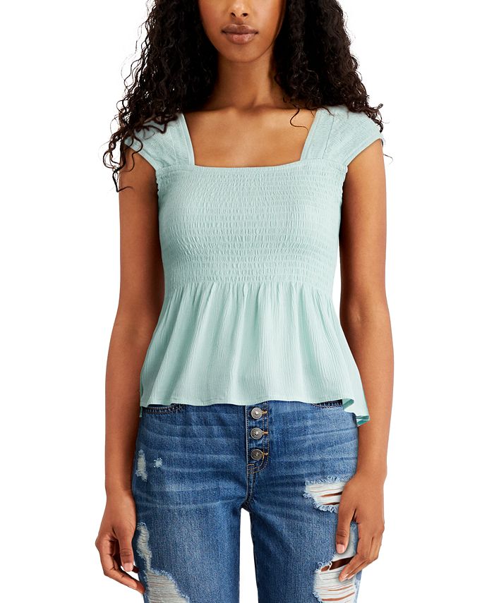 Ultra Flirt Junior's Smocked Top Blue Size S