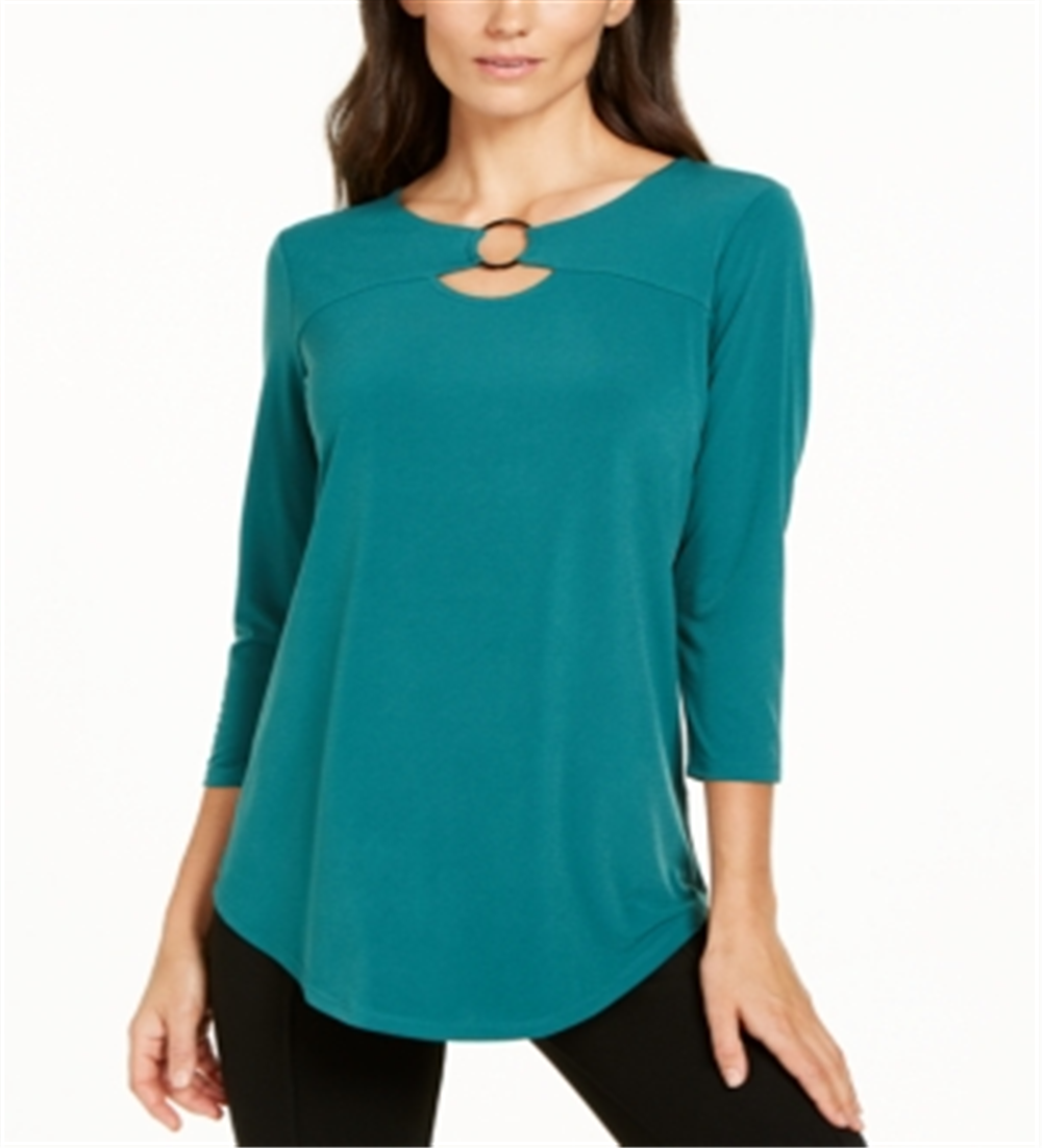 JM Collection Women's Ring Neck 3/4 Sleeve Top Green Size Petite Small