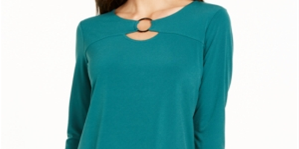 JM Collection Women's Ring Neck 3/4 Sleeve Top Green Size Petite Small