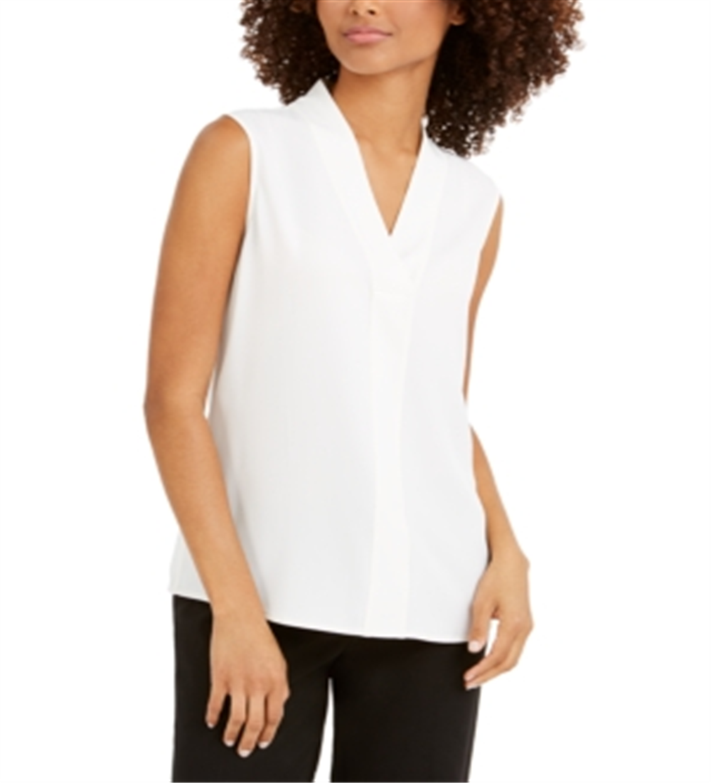 Calvin Klein Women's Sleeveless V Neck Woven Blouse White Size Small