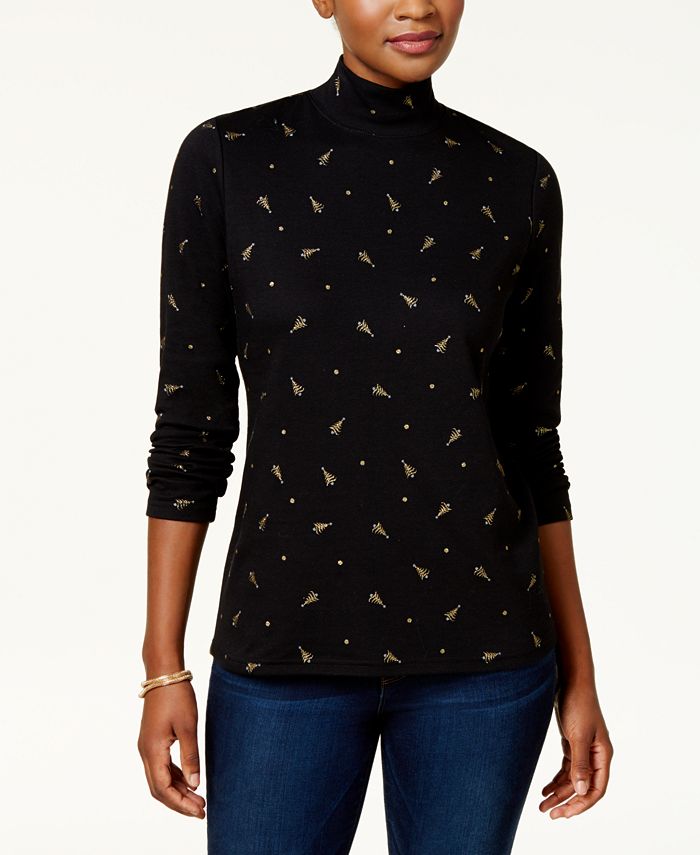 Karen Scott Women's Tree Print Mock Neck Top Black Size Petite S