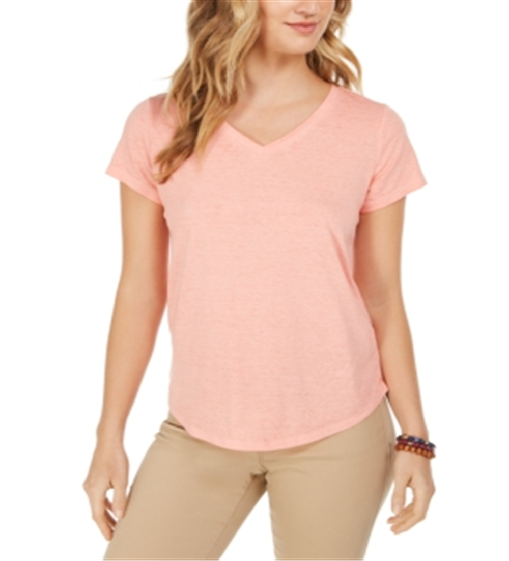 Style & Co Women's Burnout V Neck T-Shirt Orange Size S