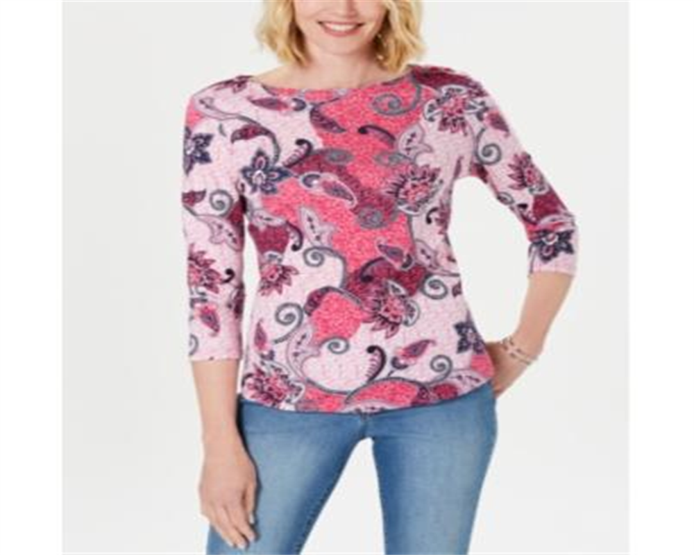 Charter Club Women's Printed Cotton 3/4 Sleeve Top Pink Size Medium