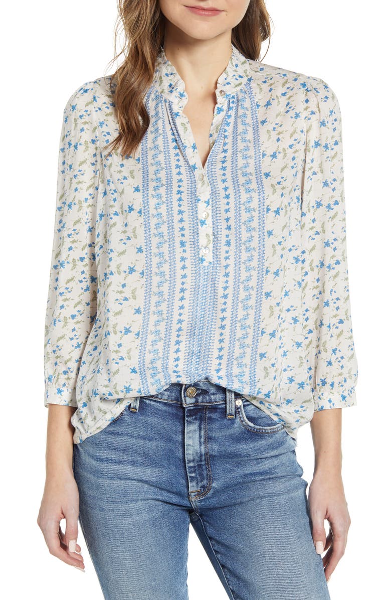 Lucky Brand Women's Megan Mixed Print Top White Size Small