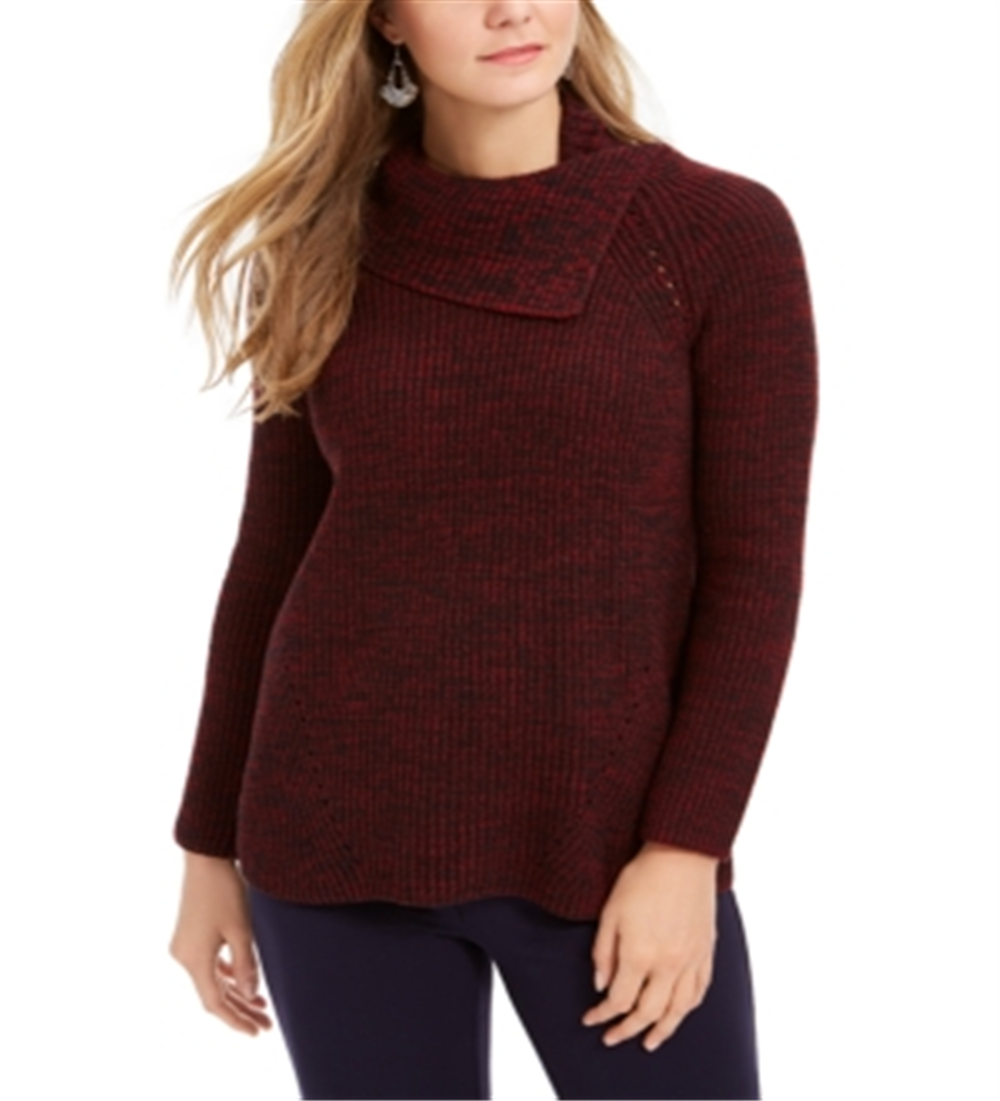 Style & Co Women's Pointelle Envelope Neck Sweater Black Red Size Petite M