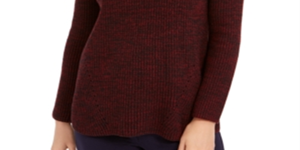 Style & Co Women's Pointelle Envelope Neck Sweater Black Red Size Petite M