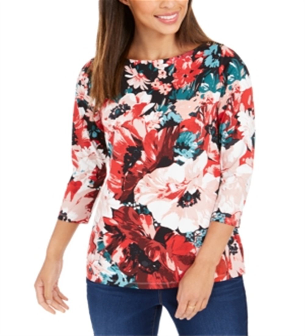 Charter Club Women's Floral Print Boat Neck Top Red Size Large