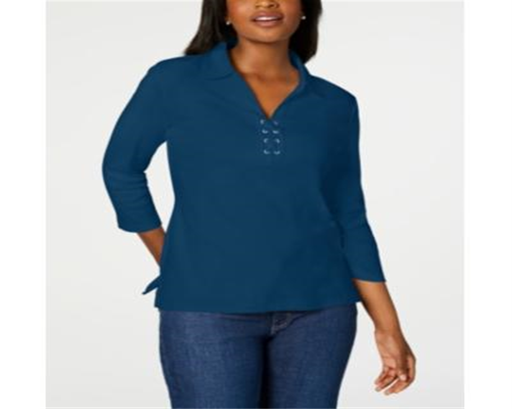 Karen Scott Women's Cotton Lace up Shirt GreenSize Small