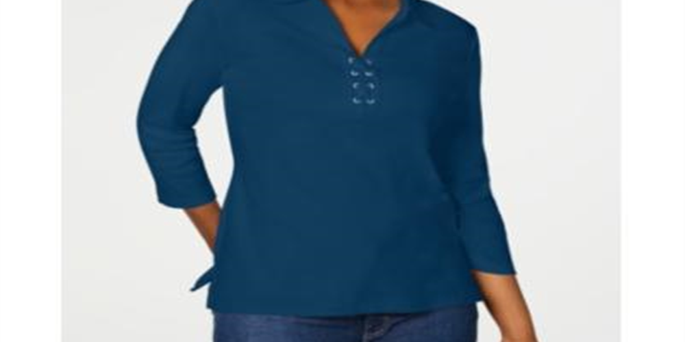 Karen Scott Women's Cotton Lace up Shirt GreenSize Small