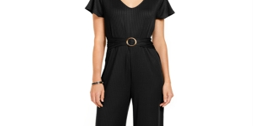 NY Collection Women's Belted Jumpsuit Black Size Petite Small