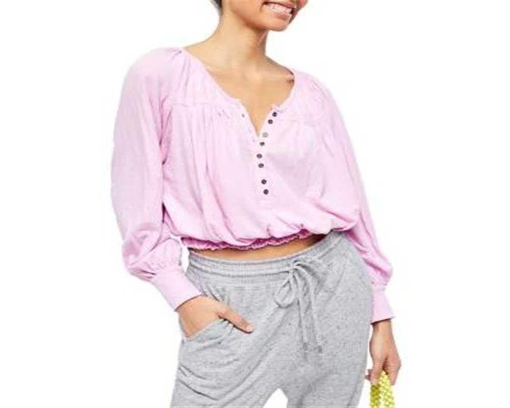 Free People Women's Prarie Henley Top Pink Size L