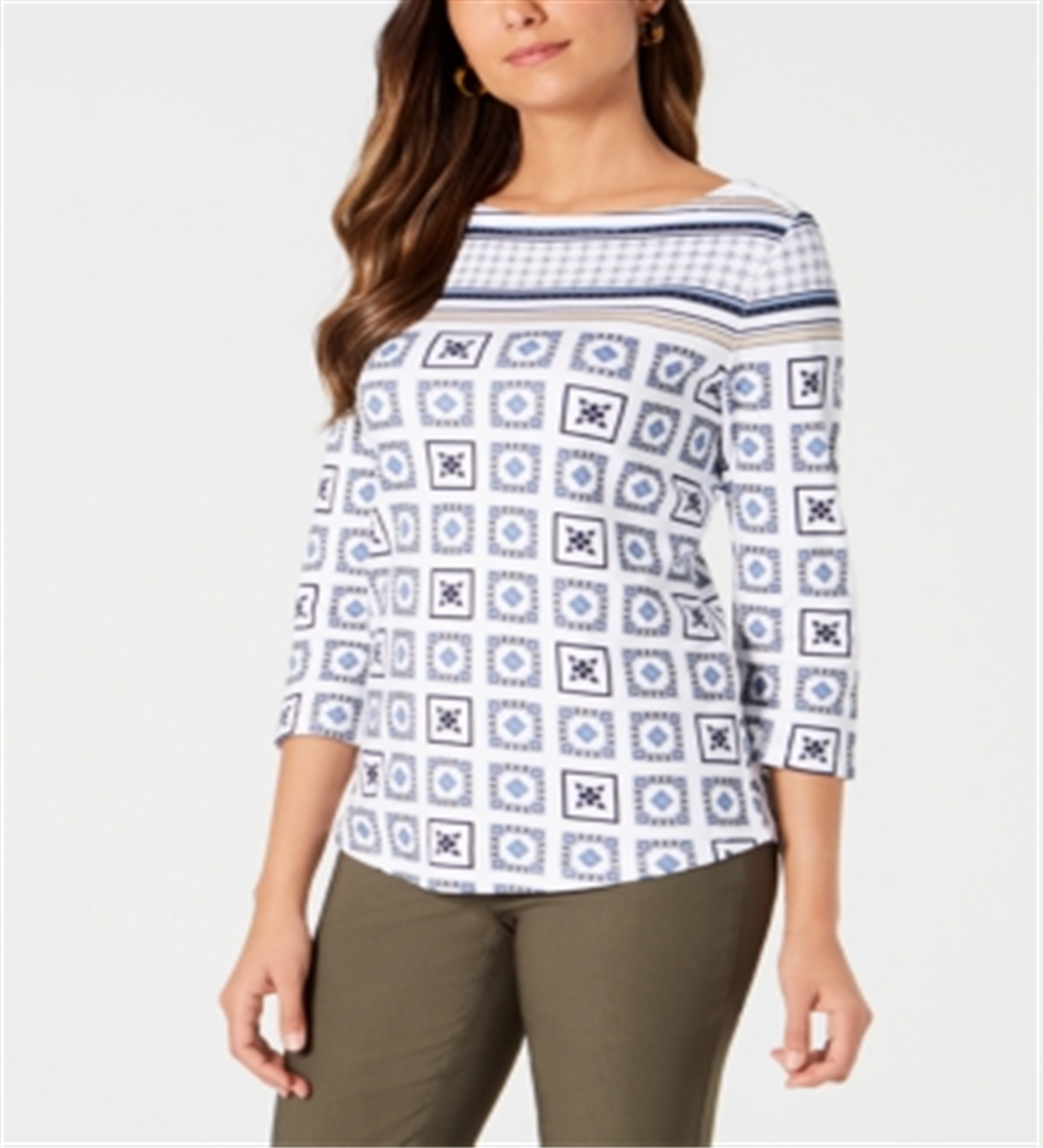 Charter Club Women's 3/4 Sleeve Printed Top White Size Petite M