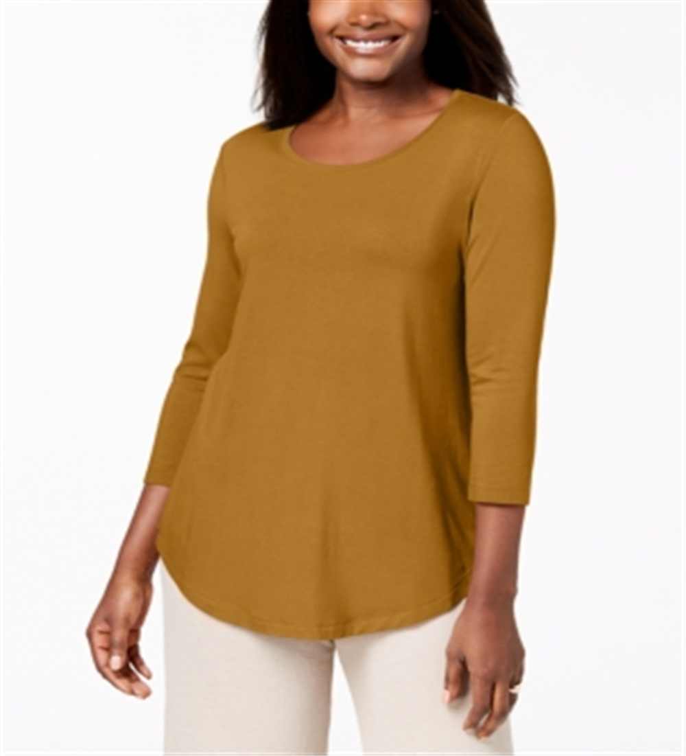 JM Collection Women's Three Quarter Sleeve Top Yellow Size Petite Medium