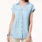 Style & Co Women's Pleated Cuffed Sleeve Top Blue Size Small