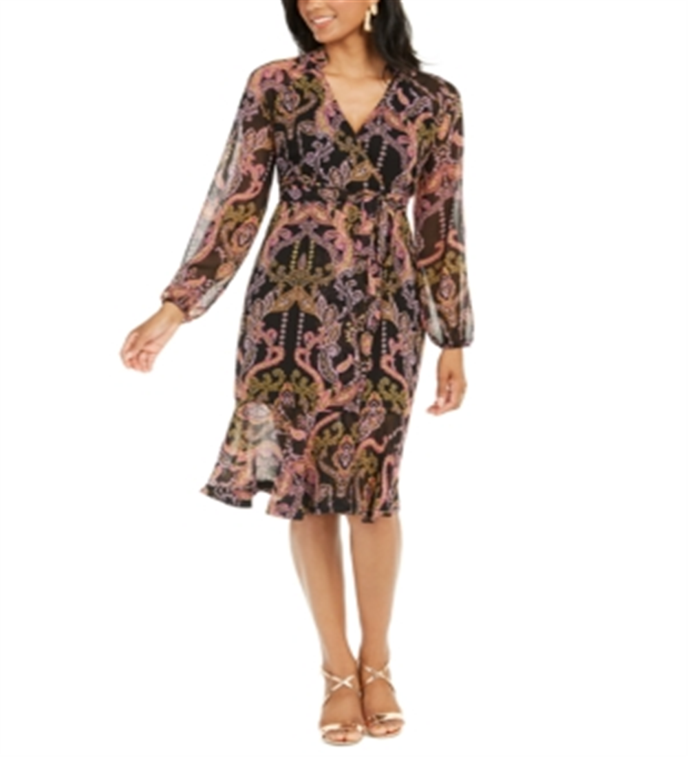 Thalia Sodi Women's Printed Surplice Peasant Dress Black Size Large