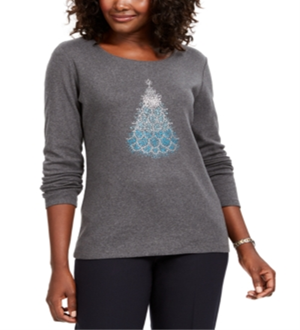 Karen Scott Women's Cotton Holiday-Print T-Shirt Charcoal Size X-Small