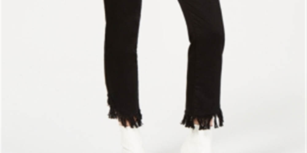 INC International Concepts Women's Curvy Fringe Hem Button Front Straight Leg Jeans Black Size 2