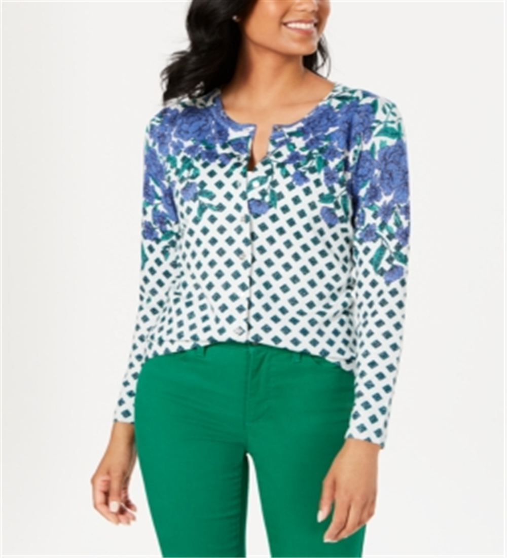 Charter Club Women's Floral Print Sparkle Cardigan Gray Size XX-Large