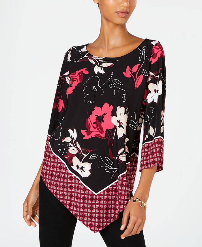 Alfani Women's Patched Border V Hem Top Black Size -Petite M