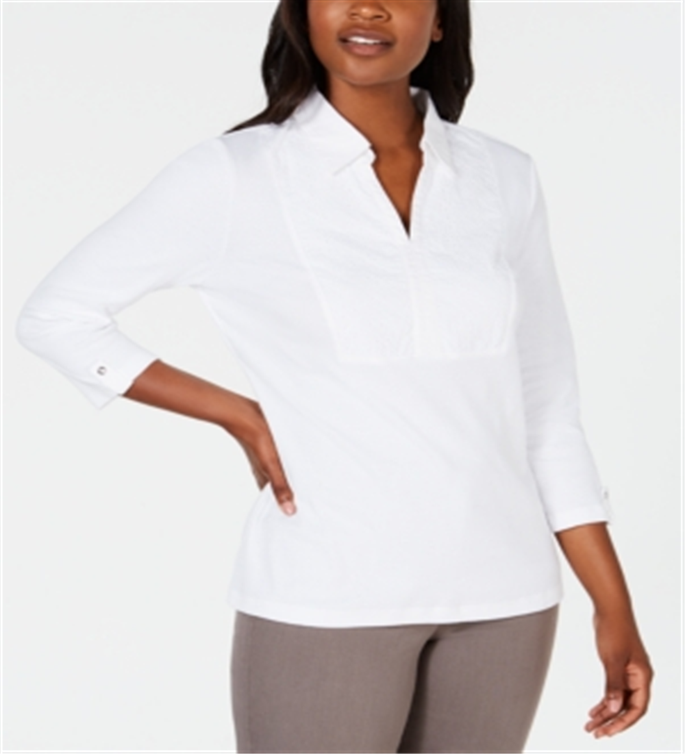 Karen Scott Women's Cotton Eyelet Yoke Top White Size Medium