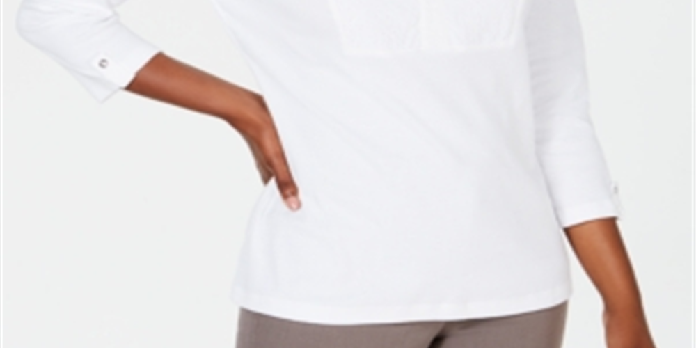 Karen Scott Women's Cotton Eyelet Yoke Top White Size Medium