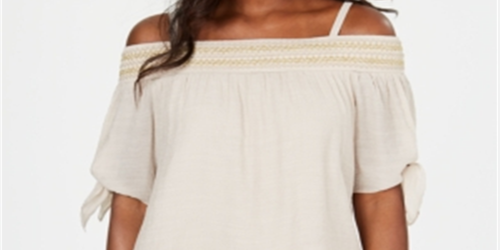 JM Collection Women's Smocked Off the Shoulder Gauze Top Brown Size Medium