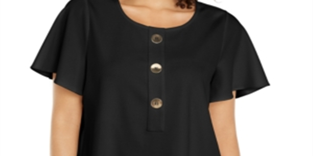Alfani Women's Button Front Flutter Sleeve Top Black Size Petite L