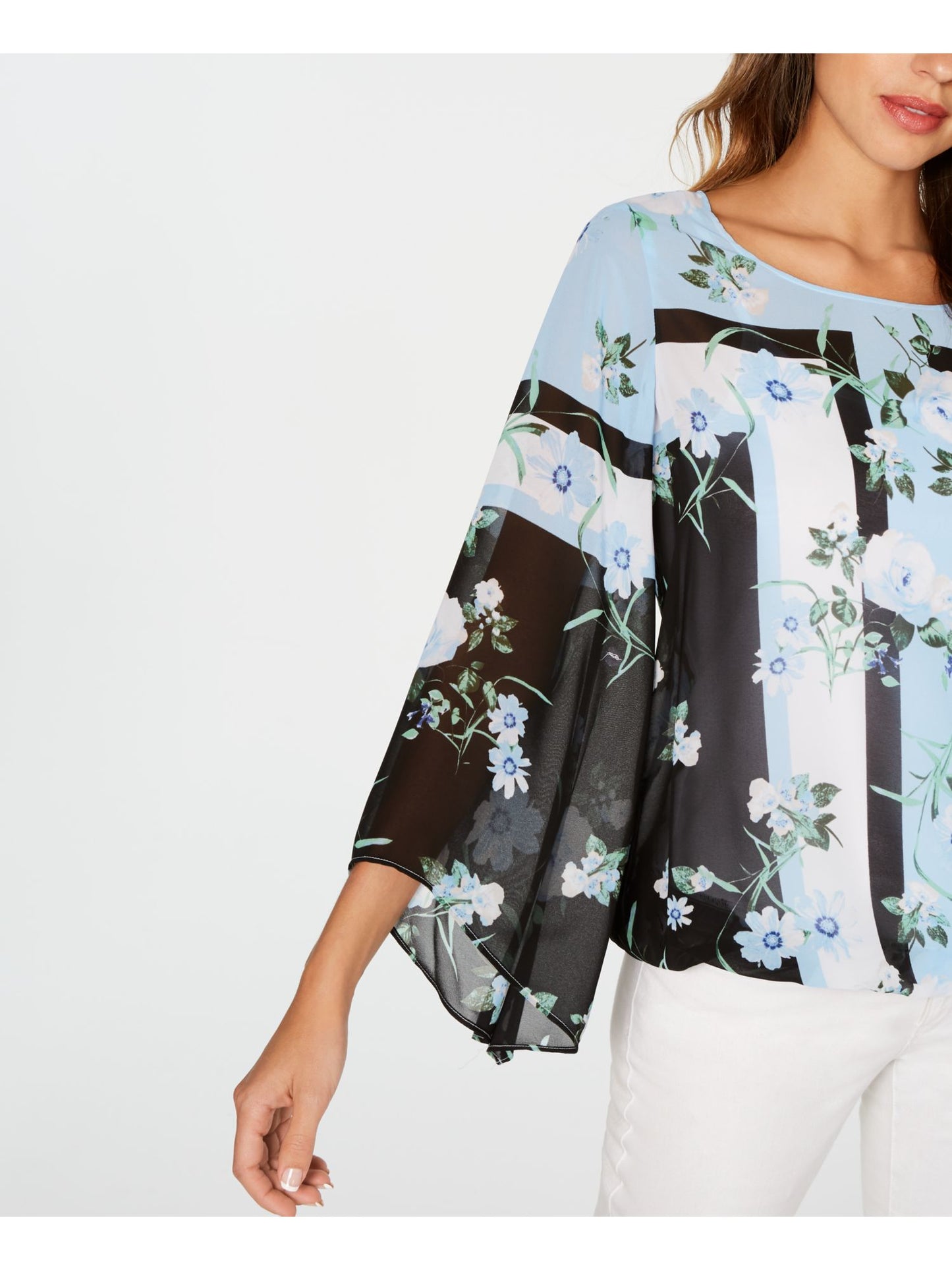 Alfani Womens Floral Bell Sleeve Cowl Neck Top Blue Petite Small