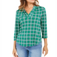 Charter Club Women's Printed 3/4 Sleeve Top Green Petite Medium