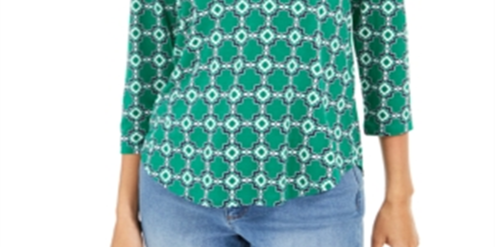 Charter Club Women's Printed 3/4 Sleeve Top Green Petite Medium