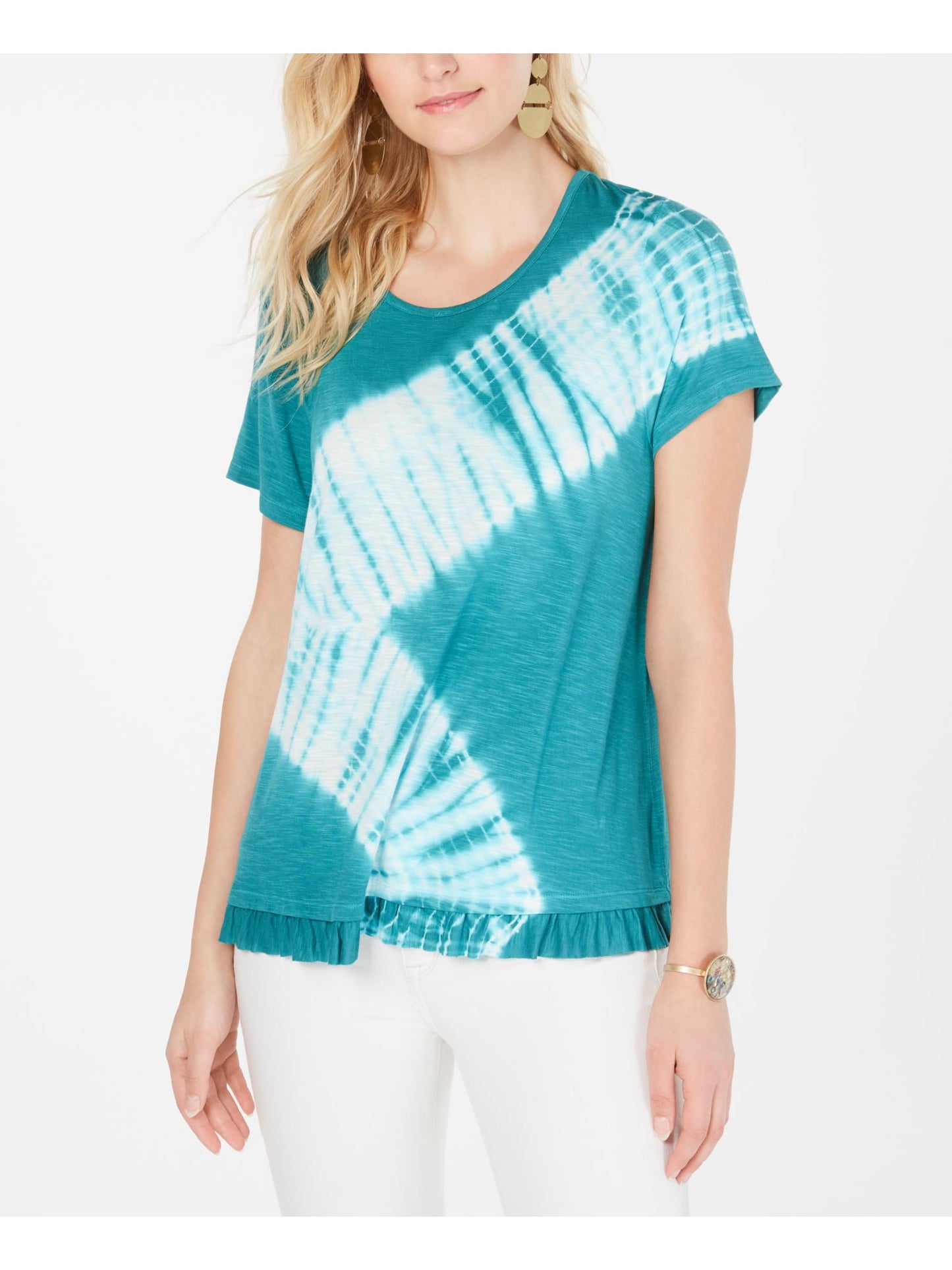 Style & Co Women's Turquoise Short Sleeve Top Black Multi Size X-Large