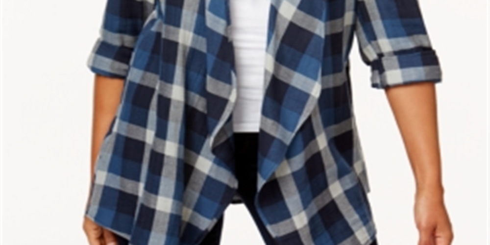 Style & Co Women's Cotton Open Front Plaid Completer Blue Size X-Large