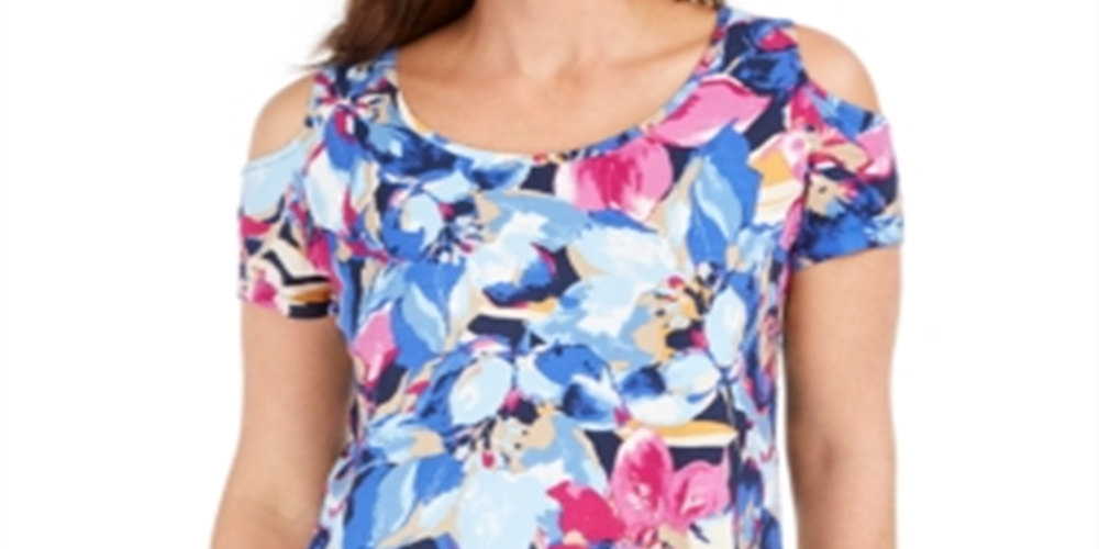 JM Collection Women's Printed Cold Shoulder Top Blue Size X-Small