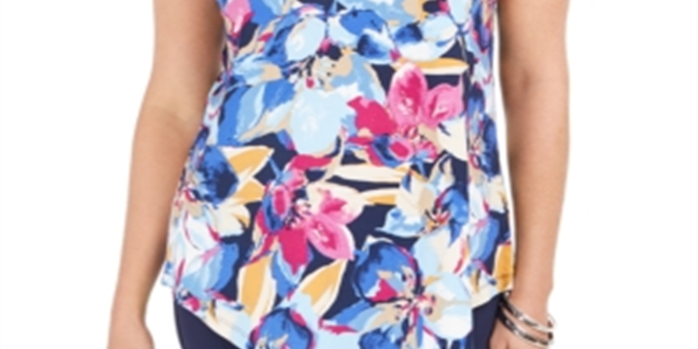 JM Collection Women's Printed Cold Shoulder Top Blue Size X-Small