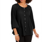 NY Collection Women's Pleated Button Front Bell Sleeve Top Black Size Petite Medium