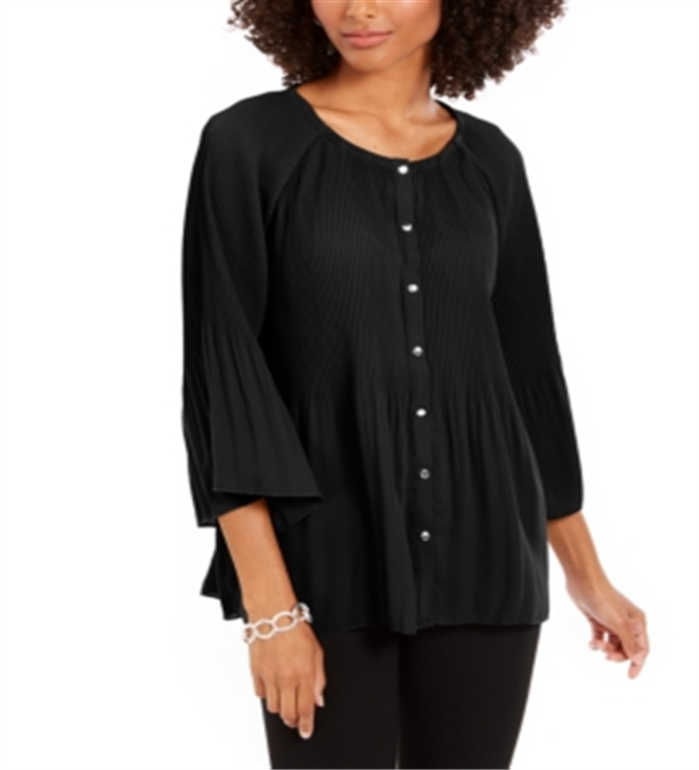 NY Collection Women's Pleated Button Front Bell Sleeve Top Black Size Petite Medium