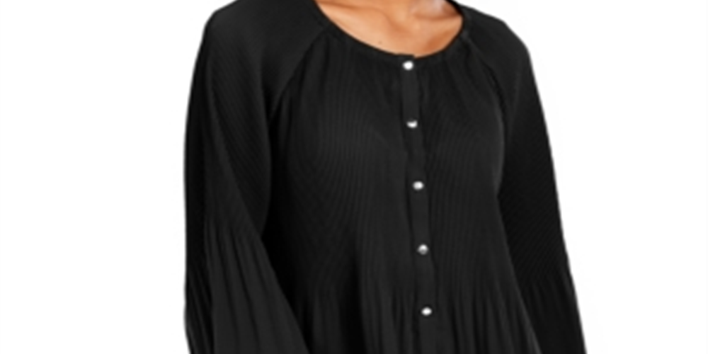 NY Collection Women's Pleated Button Front Bell Sleeve Top Black Size Petite Medium
