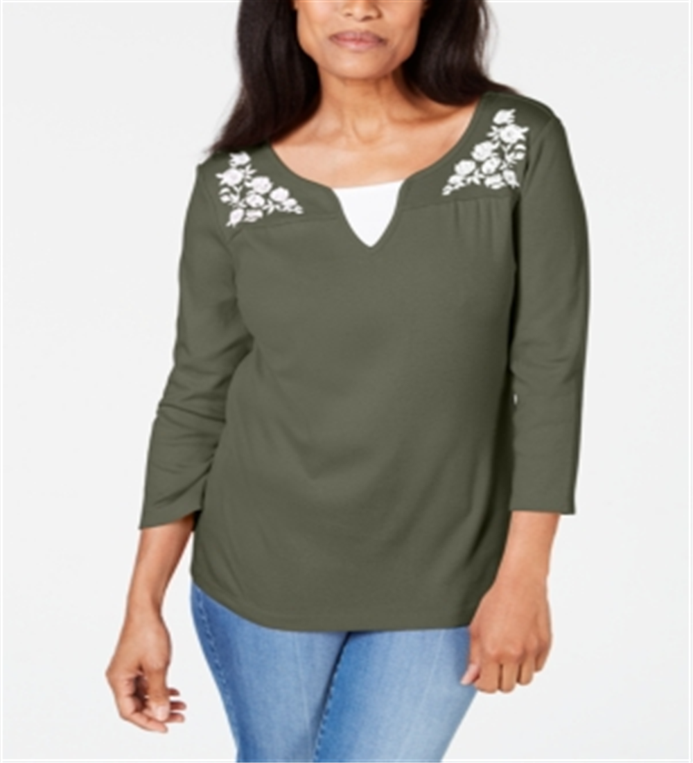 Karen Scott Women's Embroidered Cotton Layered Look Top Green Size Large