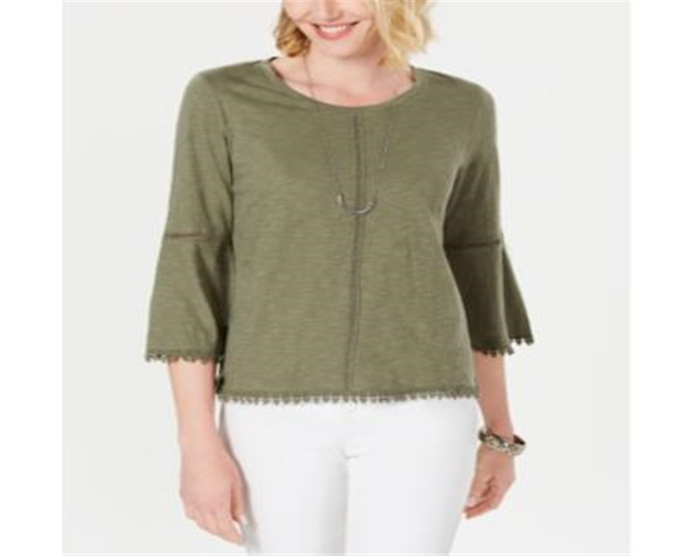 Style & Co Women's Crochet Trim Bell Sleeve Top Green Size Medium