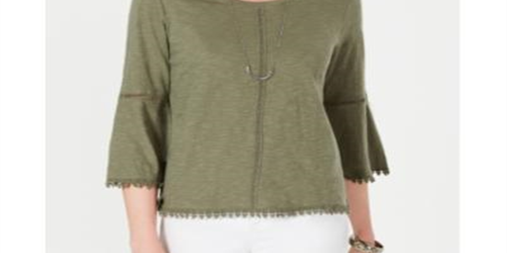 Style & Co Women's Crochet Trim Bell Sleeve Top Green Size Medium