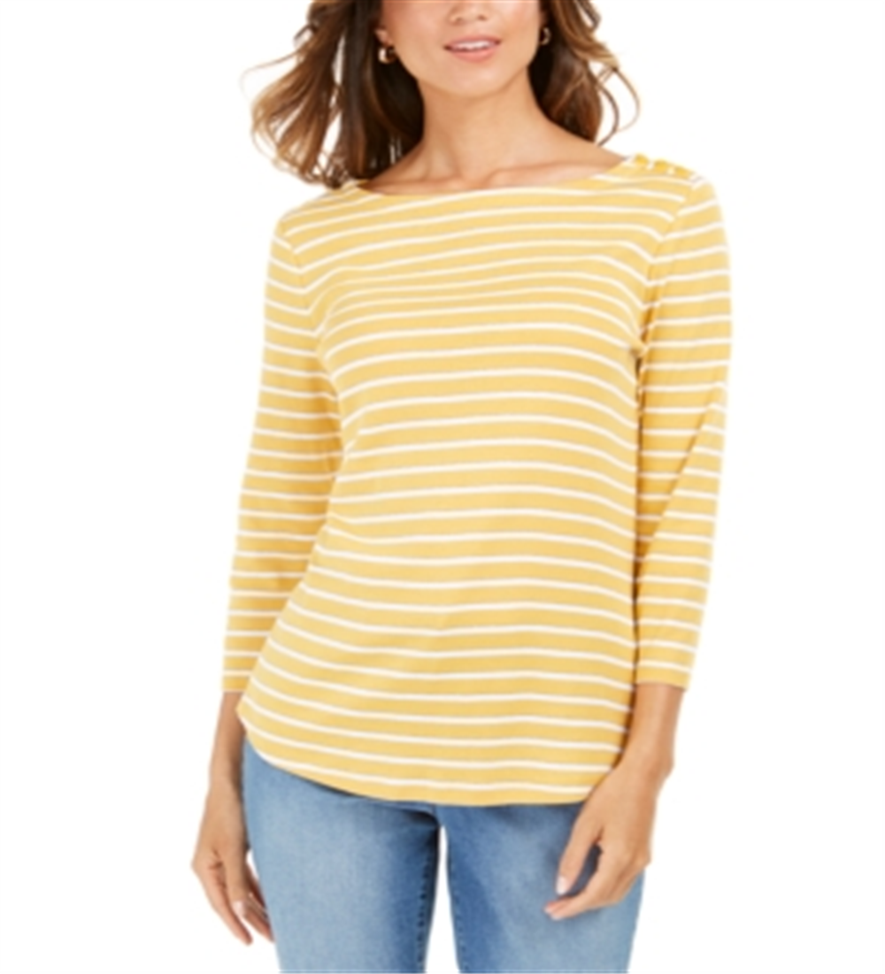 Charter Club Women's Pima Cotton Button Shoulder Stripe Top Yellow Size X-Large