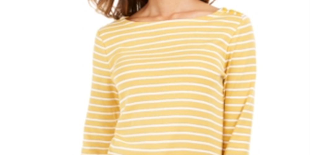 Charter Club Women's Pima Cotton Button Shoulder Stripe Top Yellow Size X-Large